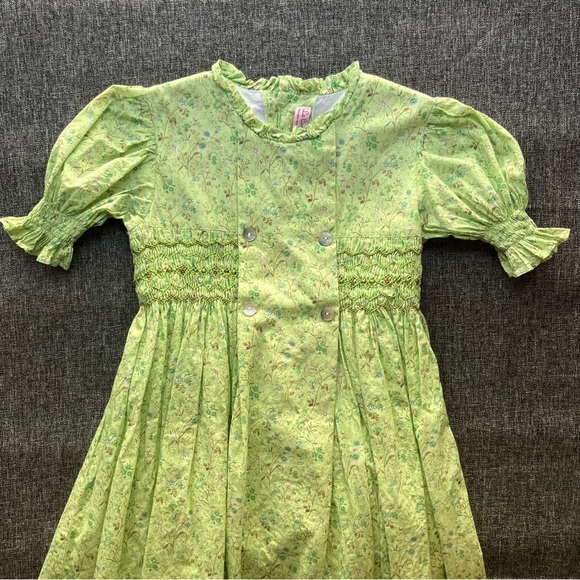 F487 La Coqueta Green Floral Carla Dress Hand Smocked Girls 6 6Y - Picture 3 of 13